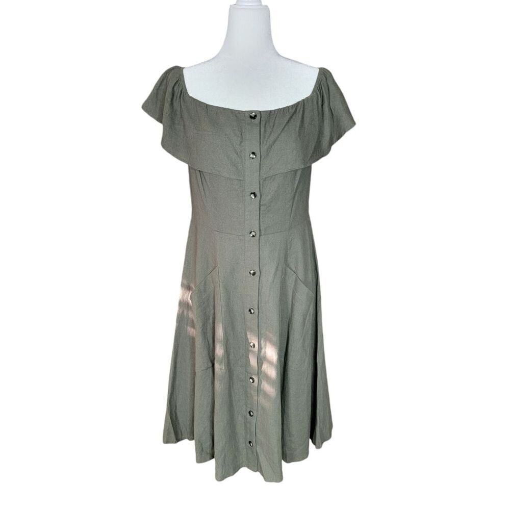 SAKS FIFTH AVE Dress 12 L Olive Linen Blend Off Shoulder Pockets Summer …